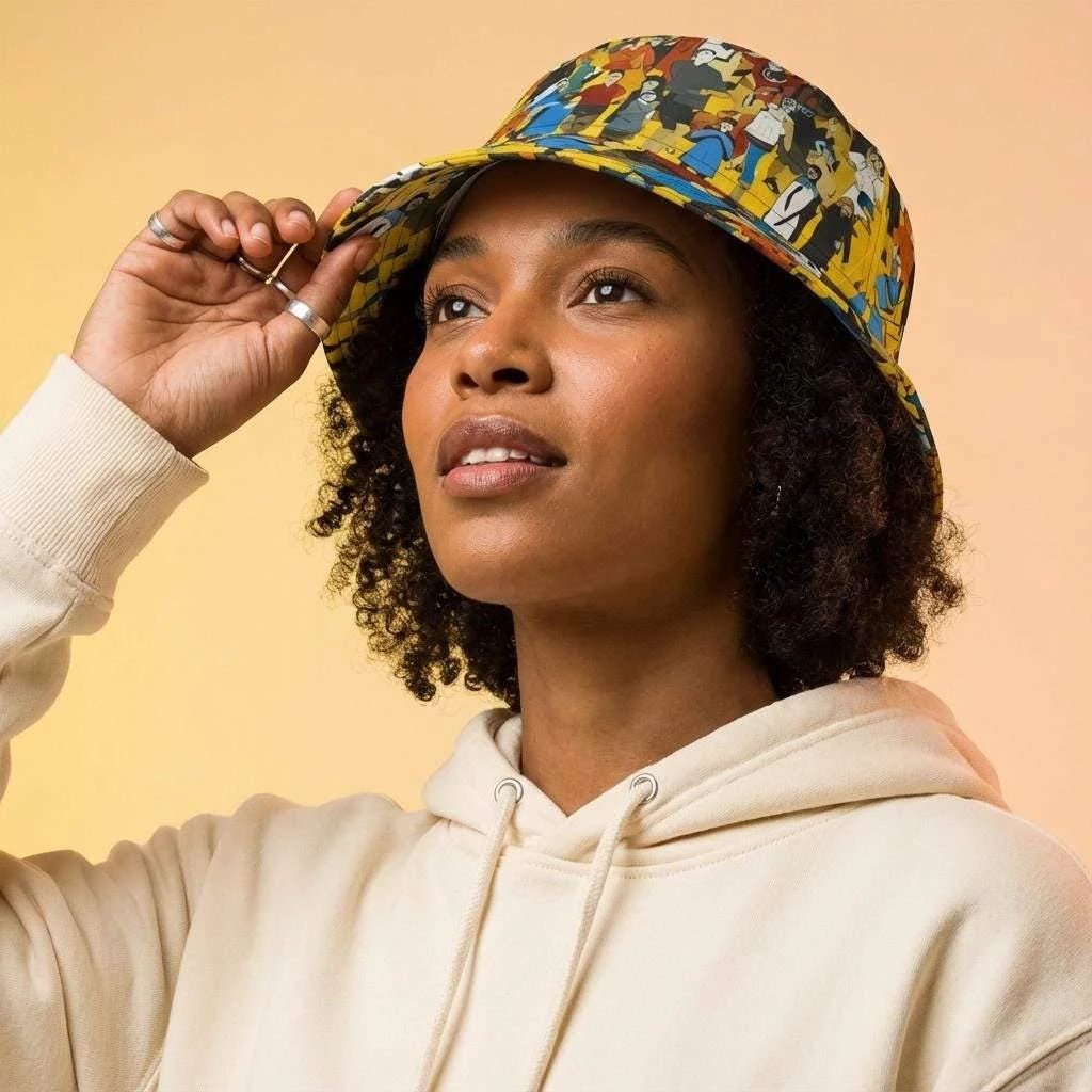 Crowd Theory Designer Bucket Hat - Vibrant Illustrated Festival Accessory for Urban Maximalists by Aesthetic Rebellion