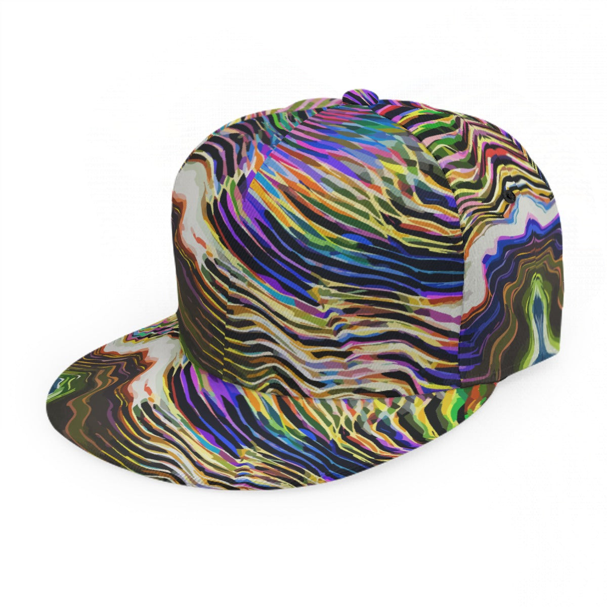 Liquid Glitch Flat Brim Cap — Warped Neon Scanline AOP Snapback for Glitchcore Streetwear Heads | Aesthetic Rebellion