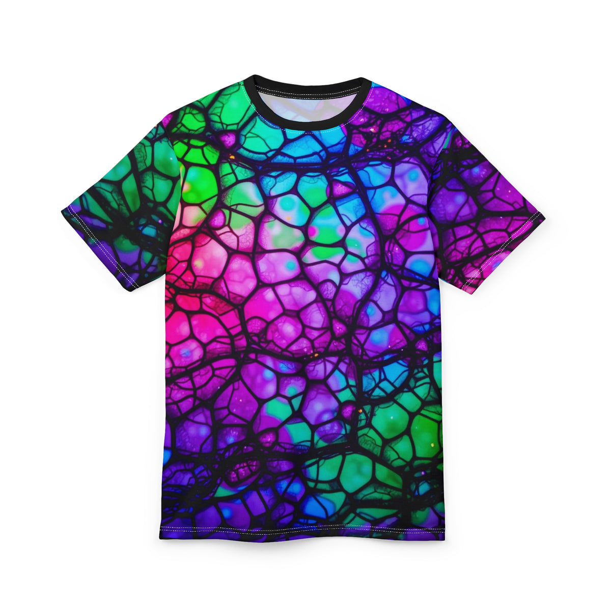 Psychedelic Web Unisex Tee – Vibrant Abstract Cut & Sew T-Shirt | Festival Fashion & Streetwear | Aesthetic Rebellion