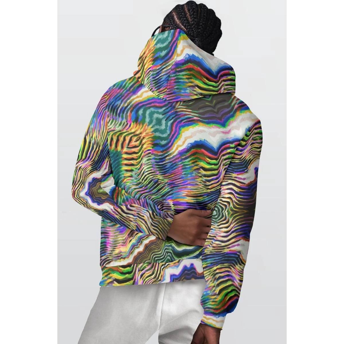 Vibrant Glitch Graphic Pullover Hoodie - Men's Abstract Art Sweatshirt for Tech-Creatives by Aesthetic Rebellion