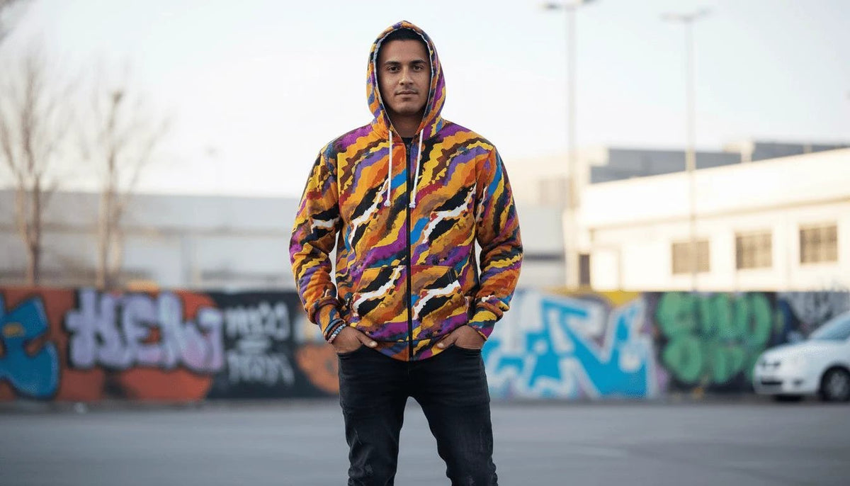 All-over print painterly zip hoodie with seamless watercolor strata pattern, hood up