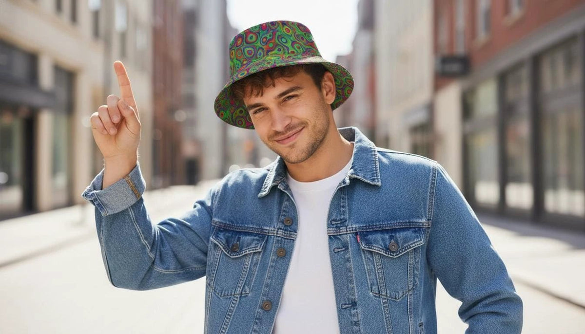 Alligator Bites Neon Geometric Bucket Hat - Edgy Psychedelic Rave Hat for Dubstep & Alt-Fashion by Aesthetic Rebellion