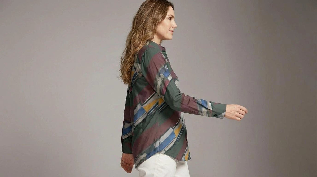 Modern Abstract Geometric Brushstroke Button-Up Blouse in Earthy Jewel Tones - Aesthetic Rebellion