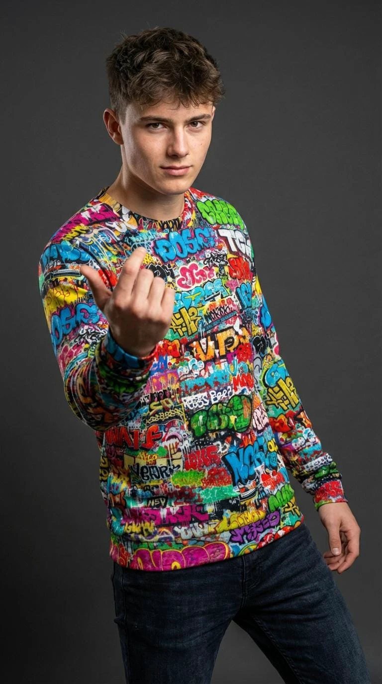 OG Graffiti Tag Sweatshirt, Vibrant All Over Print Crewneck Cotton, Unisex Streetwear Classic Top by Aesthetic Rebellion