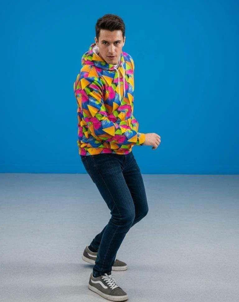 Vibrant Geometric Triangle Print Hoodie - Bold Maximalist Streetwear Pullover for Rave Style by Aesthetic Rebellion