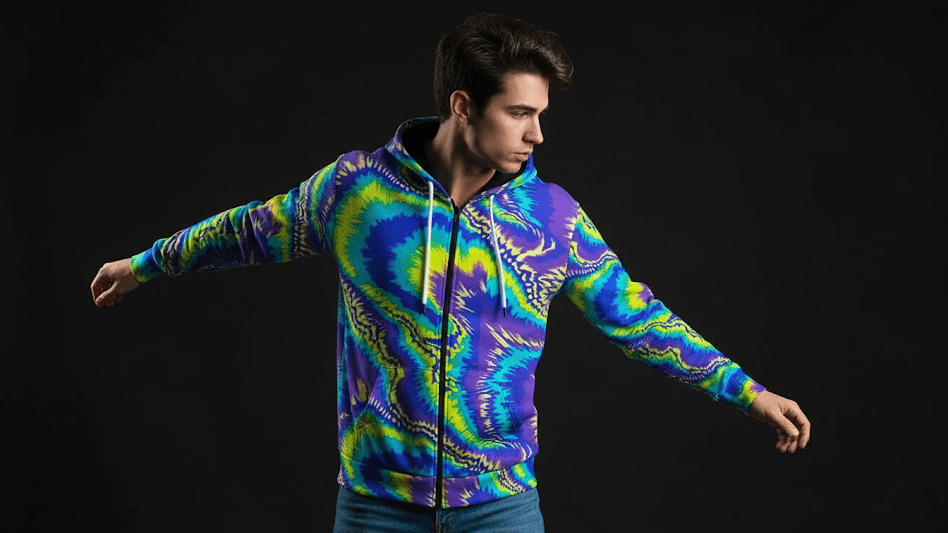 Model wearing Boundless Bleeds hoodie with vibrant paint-splatter tie-dye and acrylic pour-inspired design.