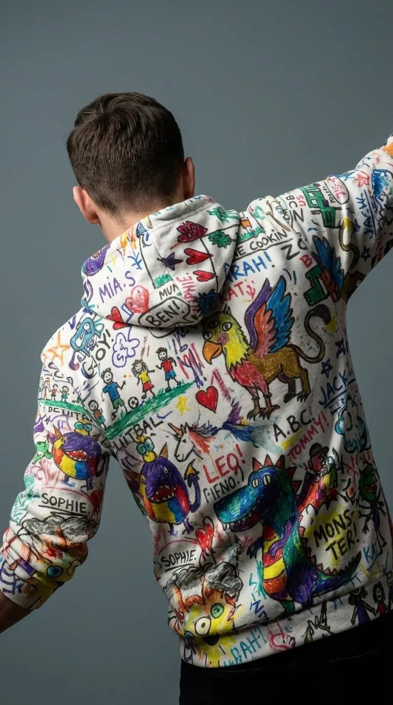 Avant-Kindergarden collection by Aesthetic Rebellion — hand-drawn, intentionally imperfect doodle-style graphics on all-over-print streetwear.
