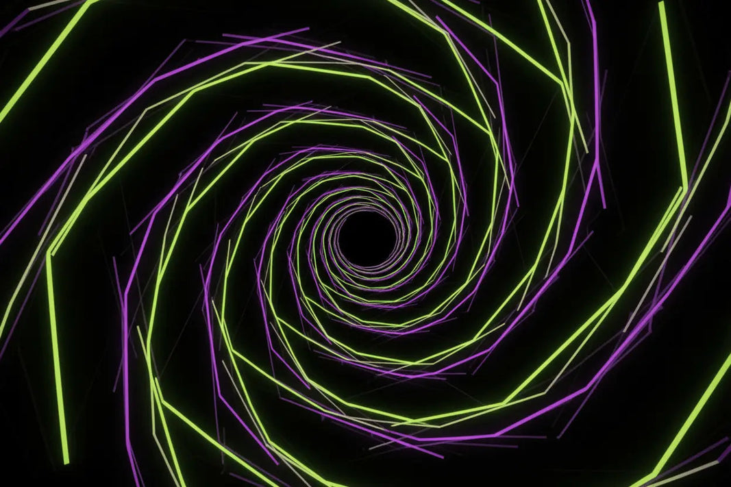 Infinite Echo collection by Aesthetic Rebellion — Droste-effect recursive geometry and motion-blur all-over-print streetwear in obsidian-to-electric-lime gradients.