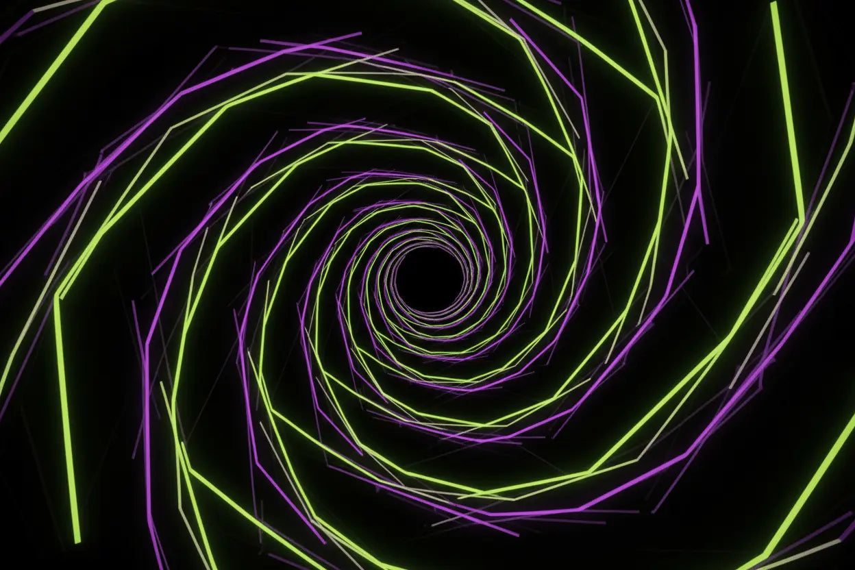 Infinite Echo collection by Aesthetic Rebellion — Droste-effect recursive geometry and motion-blur all-over-print streetwear in obsidian-to-electric-lime gradients.