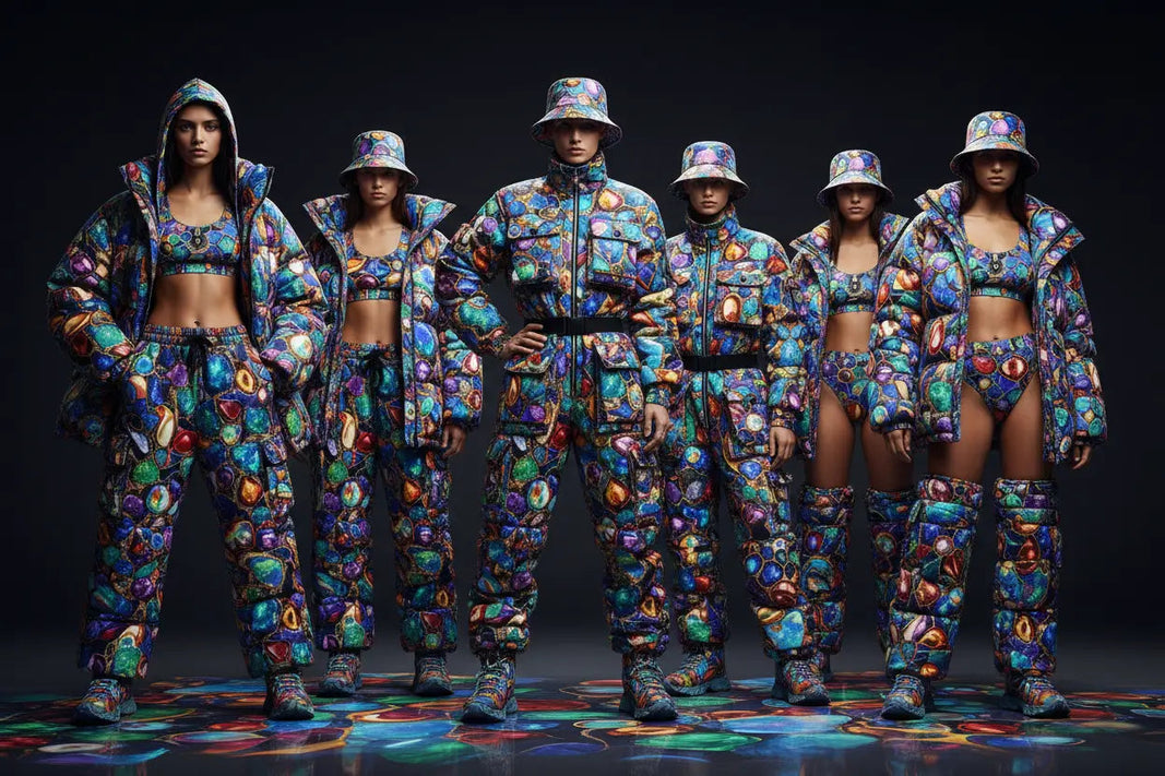 Ocular Opulence collection by Aesthetic Rebellion — gemstone-toned all-over-print streetwear in opal, sapphire, emerald, amethyst, and ruby colorways.