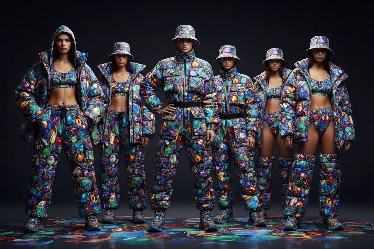 Ocular Opulence collection by Aesthetic Rebellion — gemstone-toned all-over-print streetwear in opal, sapphire, emerald, amethyst, and ruby colorways.