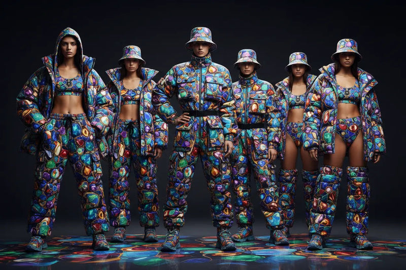 Ocular Opulence collection by Aesthetic Rebellion — gemstone-toned all-over-print streetwear in opal, sapphire, emerald, amethyst, and ruby colorways.