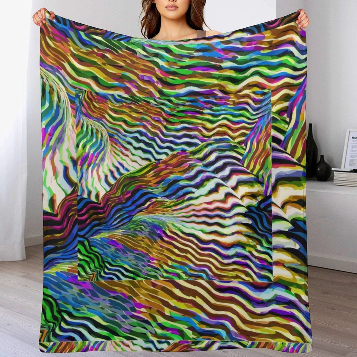 Lightning Complex AOP Flannel Throw Blanket 30×40 | Psychedelic Ribbon-Wave Maximalist Couch | Aesthetic Rebellion