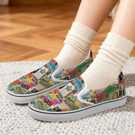 Maximalist Slip-On Shoes for Art-First Dressers — Multipass AOP Canvas Sneakers, Wearable Art Footwear, Unisex Statement Shoes, Streetwear Slip-Ons