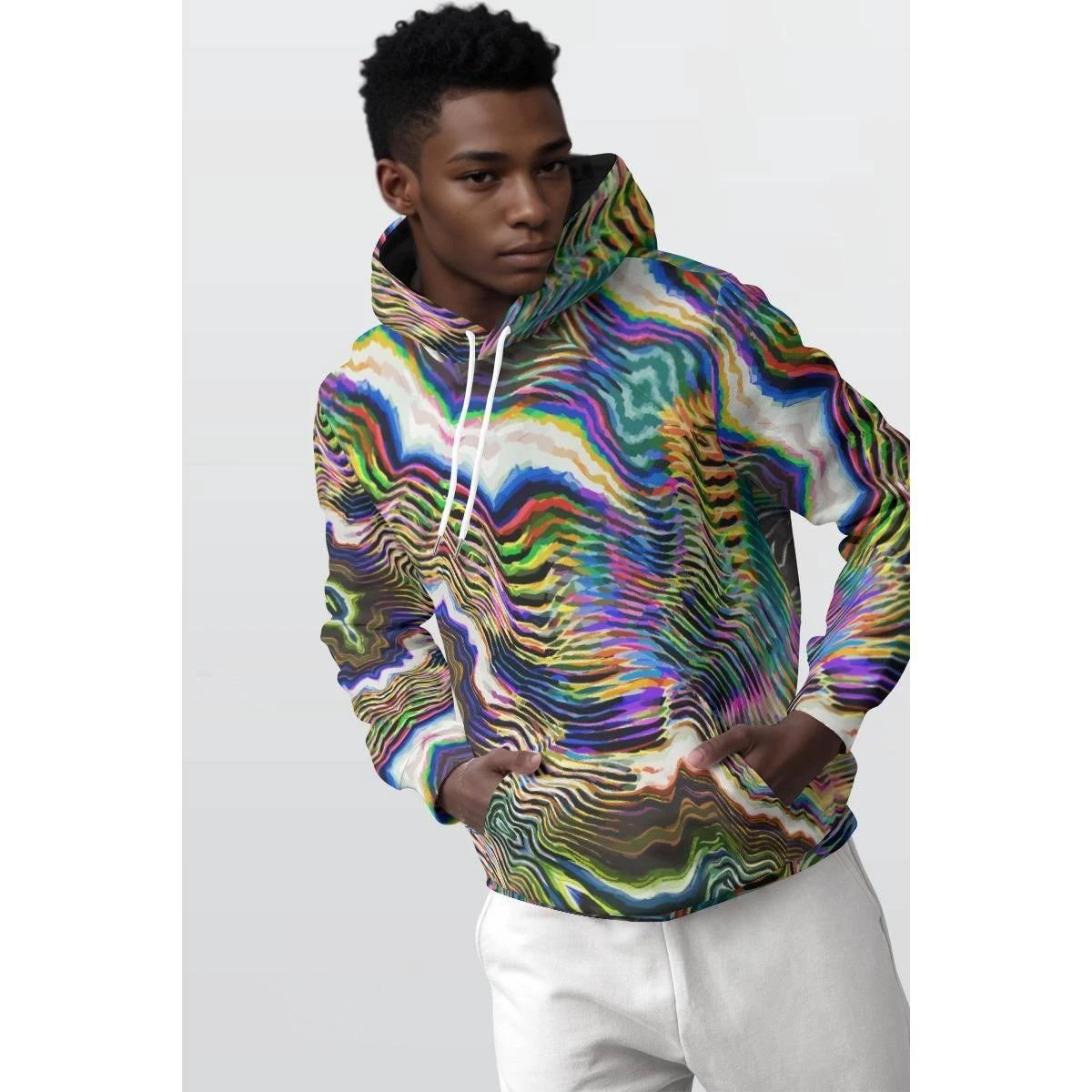 Vibrant Glitch Graphic Pullover Hoodie - Men's Abstract Art Sweatshirt for Tech-Creatives by Aesthetic Rebellion