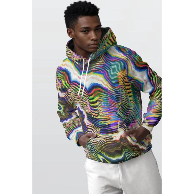 Vibrant Glitch Graphic Pullover Hoodie - Men's Abstract Art Sweatshirt for Tech-Creatives by Aesthetic Rebellion