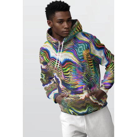 Vibrant Glitch Graphic Pullover Hoodie - Men's Abstract Art Sweatshirt for Tech-Creatives by Aesthetic Rebellion