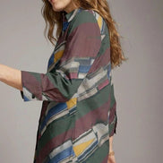Modern Abstract Geometric Brushstroke Button-Up Blouse in Earthy Jewel Tones - Aesthetic Rebellion