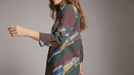 Modern Abstract Geometric Brushstroke Button-Up Blouse in Earthy Jewel Tones - Aesthetic Rebellion