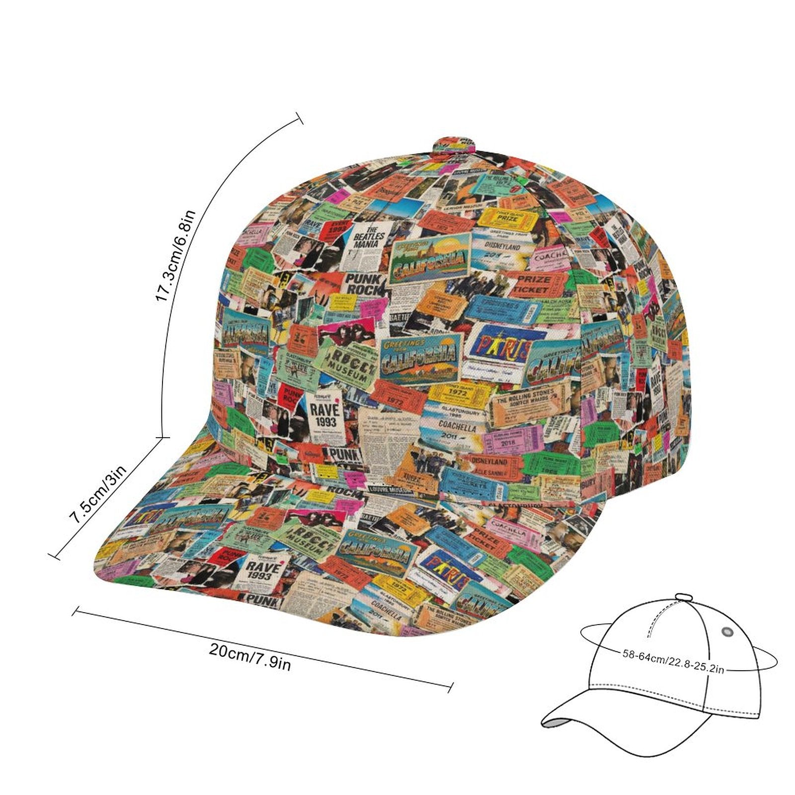 Maximalist AOP Snapback for Wanderlust Dressers — Ticket To Somewhere Bent Brim Cap, Festival Travel Hat, Streetwear Statement, Outdoor Adventure Cap, Unisex Bold Print