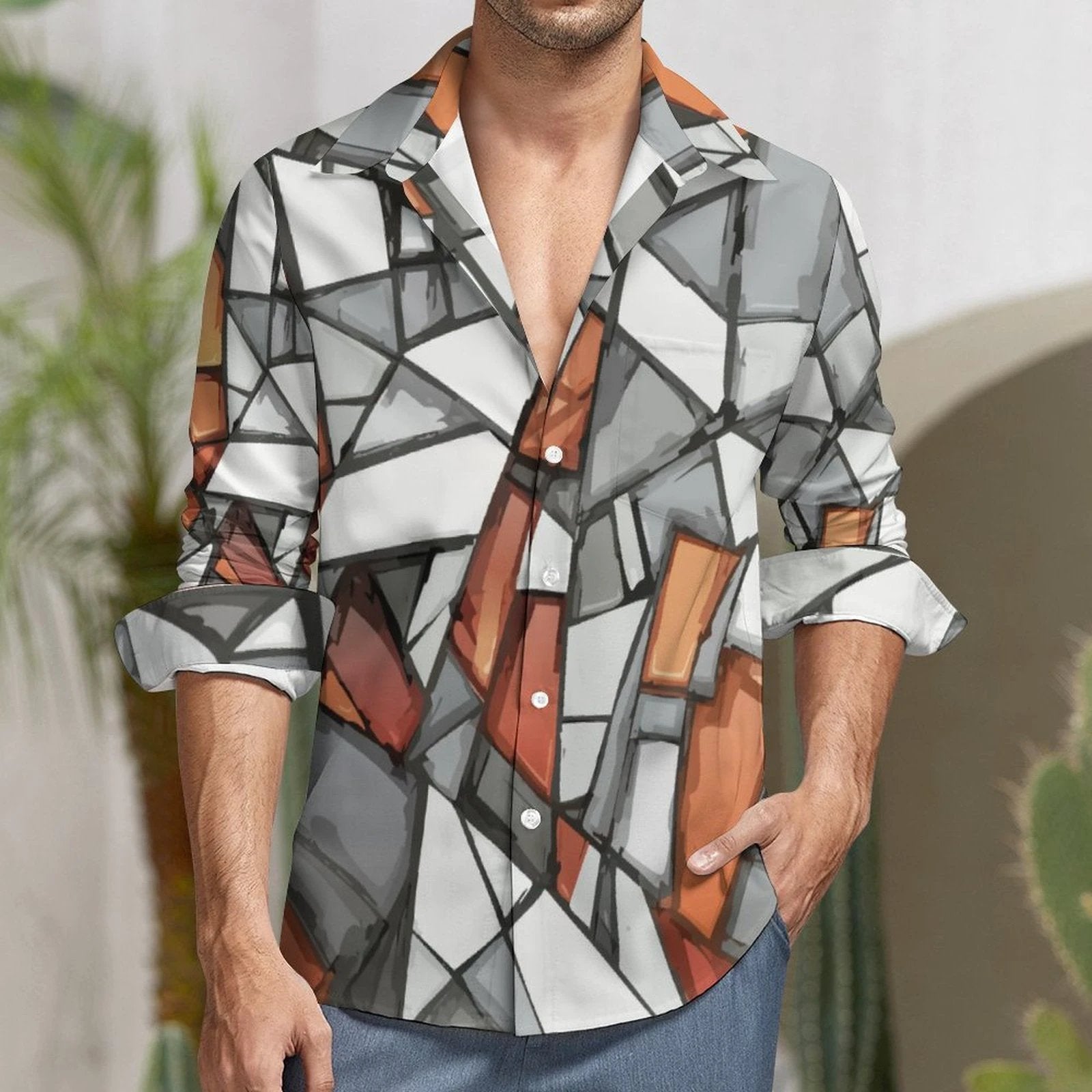 Faux Linen Men Long Sleeve Shirt with Pocket(All-Over Printing) by SALE_DESIGN-Personal Design