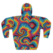 Inferno Vortex Tie-Dye AOP Hoodie for Psychedelic Streetwear Collectors — Spiral Rainbow All-Over Print, 95% Poly-Spandex, Festival Groovy Retro Statement Pullover