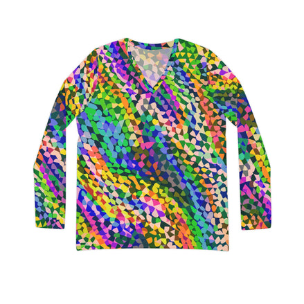 Vibrant AOP Long Sleeve V-Neck for Glow-Up Self-Expressers — Women's Bold Print Tee, Confidence-Led | Aesthetic Rebellion