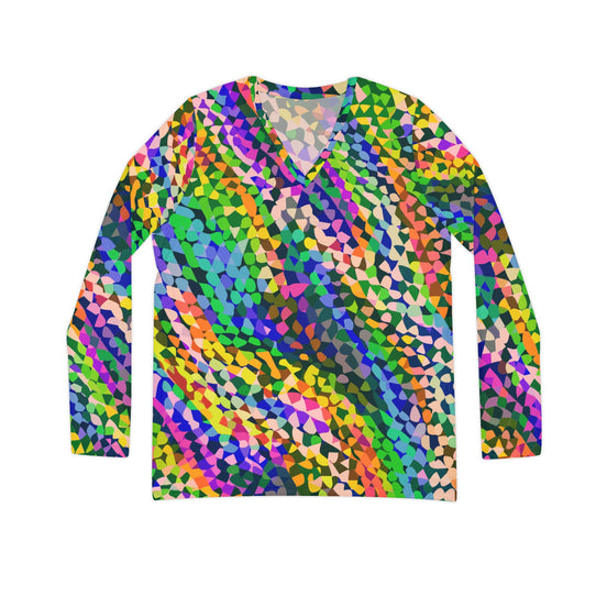 Vibrant AOP Long Sleeve V-Neck for Glow-Up Self-Expressers — Women's Bold Print Tee, Confidence-Led Statement Top, Everyday Maximalist Shirt, Assembled in USA, S–2XL