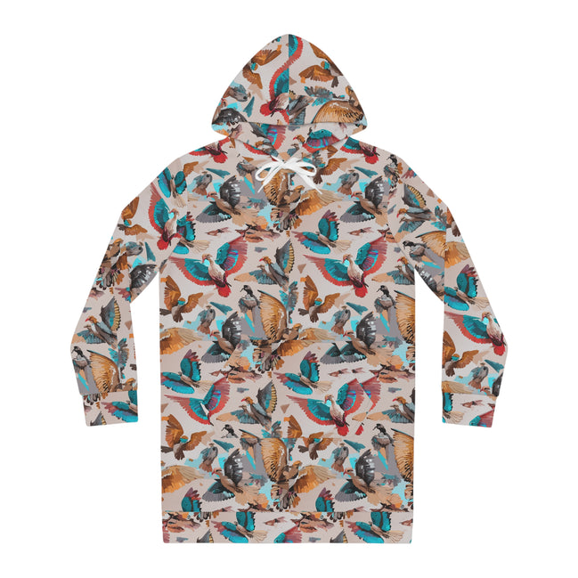 Aviary Bird Print Hoodie Dress for Nature-Forward Dressers — AOP Bird & Botanical Women's Hoodie Dress, Cottagecore Statement, Wearable Field Guide Art, Kangaroo Pocket, S–2XL