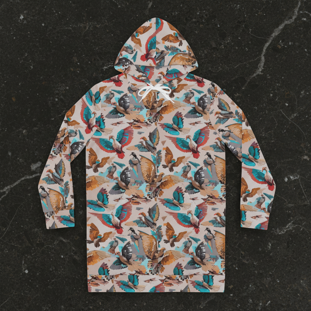 Aviary Bird Print Hoodie Dress for Nature-Forward Dressers — AOP Bird & Botanical Women's Hoodie Dress, Cottagecore Statement, Wearable Field Guide Art, Kangaroo Pocket, S–2XL