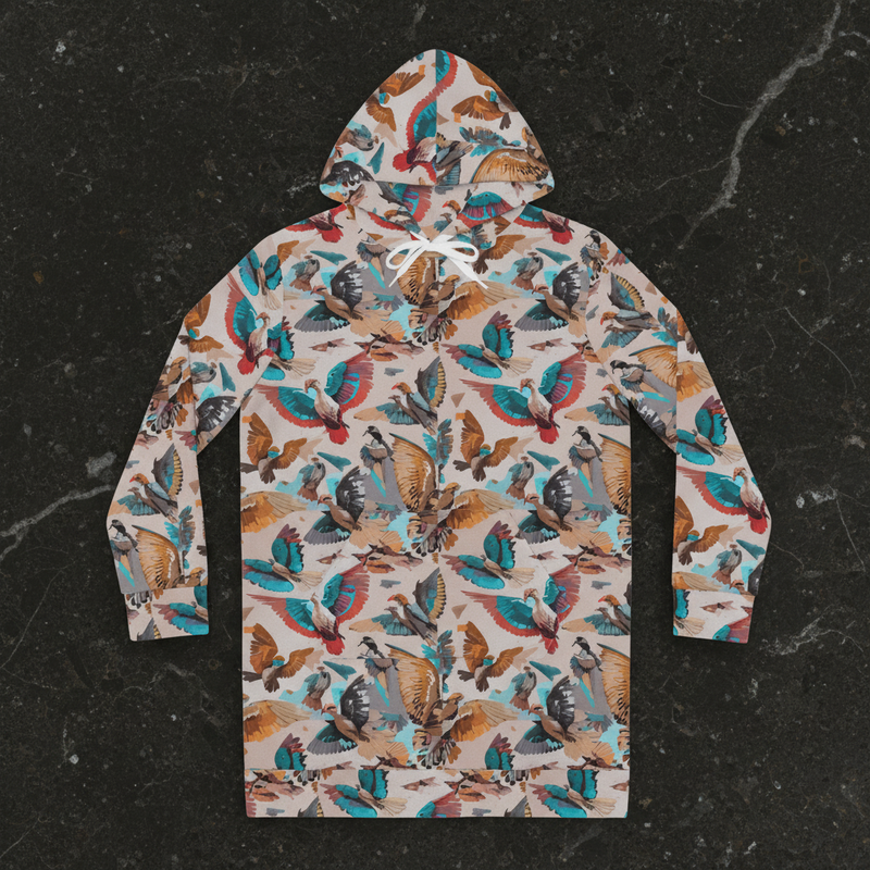 Aviary AOP Women's Hoodie Dress | Bird & Botanical Print Wearable Field Guide — Cottagecore Statement Dress with Kangaroo Pocket (S–2XL)