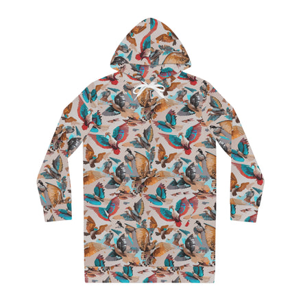 Aviary AOP Women's Hoodie Dress | Bird & Botanical Print Wearable Field Guide — Cottagecore | Aesthetic Rebellion