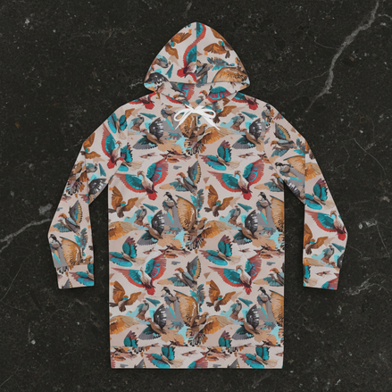 Aviary AOP Women's Hoodie Dress | Bird & Botanical Print Wearable Field Guide — Cottagecore | Aesthetic Rebellion