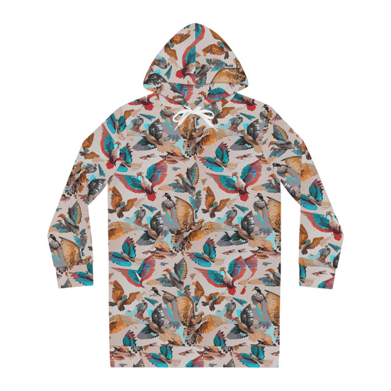 Aviary Bird Print Hoodie Dress for Nature-Forward Dressers — AOP Bird & Botanical Women's Hoodie Dress, Cottagecore Statement, Wearable Field Guide Art, Kangaroo Pocket, S–2XL