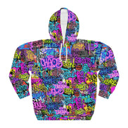 Men's All-Over Graffiti AOP Pullover Hoodie for Street Art Collectors — Bold Medium-Weight Comfort Fit, Assembled in USA, Festival Statement Sweatshirt