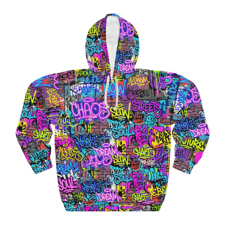 Men's All-Over Graffiti AOP Pullover Hoodie for Street Art Collectors — Bold Medium-Weight Comfort Fit, Assembled in USA, Festival Statement Sweatshirt