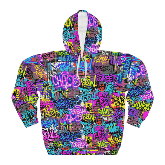 Men's All-Over Graffiti AOP Pullover Hoodie for Street Art Collectors — Bold Medium-Weight Comfort Fit, Assembled in USA, Festival Statement Sweatshirt