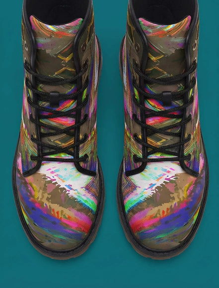 Trippy Goth Platform Combat Boots - Psychedelic Nightcore Alt-Fashion Footwear for Raves & Edgy Streetwear by Aesthetic Rebellion