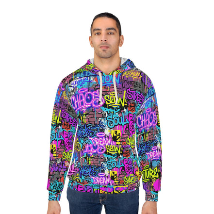 Men's All-Over Graffiti AOP Pullover Hoodie for Street Art Collectors — Bold Medium-Weight Comfort Fit, Assembled in USA, Festival Statement Sweatshirt