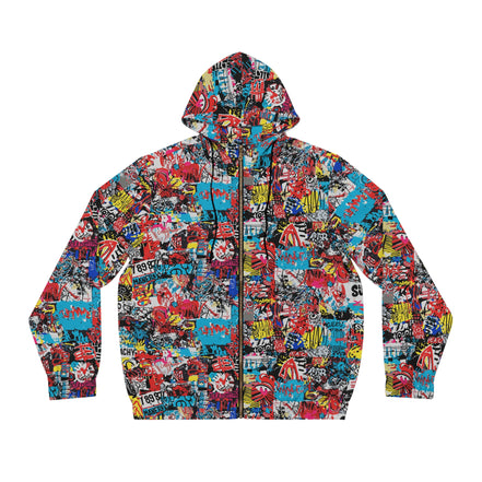 Graffiti Collage Full-Zip Hoodie for Streetwear Collectors — Layered AOP Urban Art Statement, Lightweight Festival Layer, Commuter Skater Bold Outerwear, Men's Print Zip