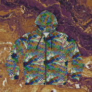 Colorful zip-up hoodie with a wavy pattern on a marble background