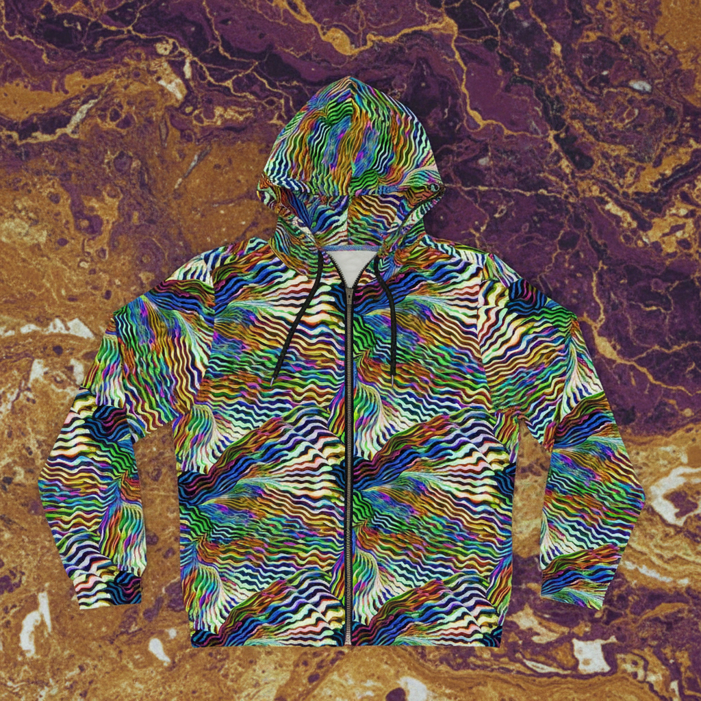 Colorful zip-up hoodie with a wavy pattern on a marble background