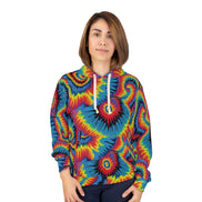 Inferno Vortex Tie-Dye AOP Hoodie for Psychedelic Streetwear Collectors — Spiral Rainbow All-Over Print, 95% Poly-Spandex, Festival Groovy Retro Statement Pullover