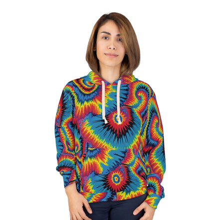 Inferno Vortex Tie-Dye AOP Hoodie for Psychedelic Streetwear Collectors — Spiral Rainbow All-Over Print, 95% Poly-Spandex, Festival Groovy Retro Statement Pullover