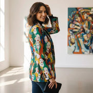 Urban Crowd Faces Designer Blazer - Bold All-Over Print Cotton Suit Jacket for Creatives by Aesthetic Rebellion