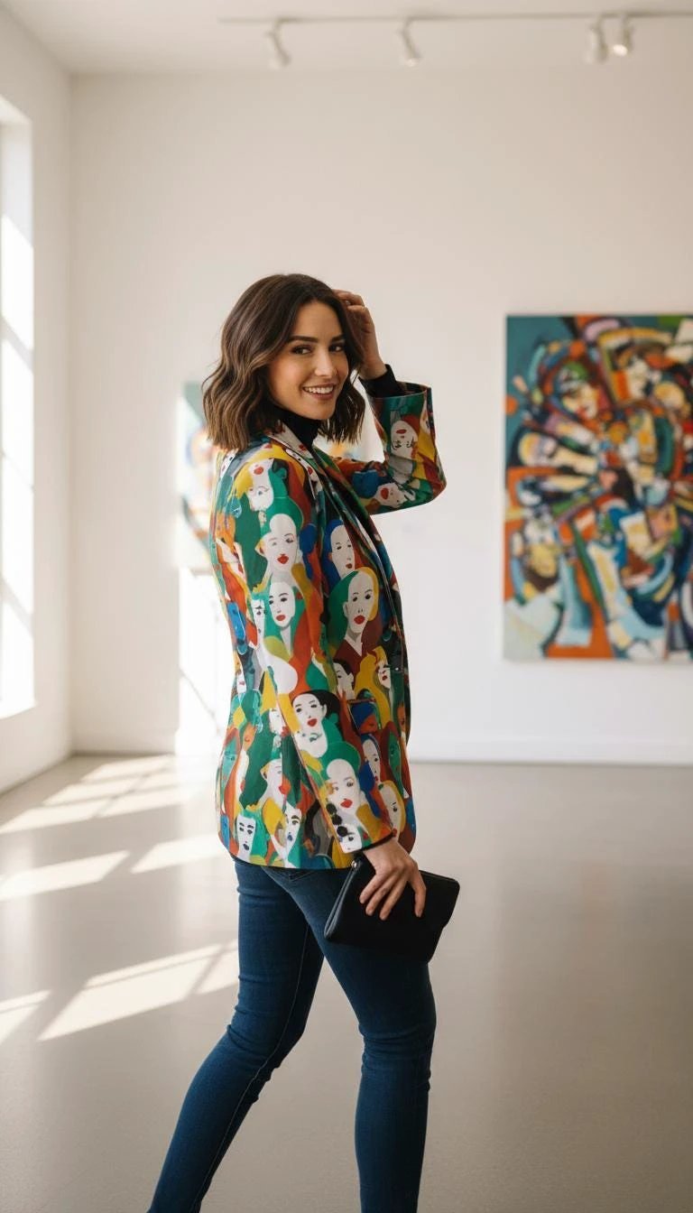 Urban Crowd Faces Designer Blazer - Bold All-Over Print Cotton Suit Jacket for Creatives by Aesthetic Rebellion