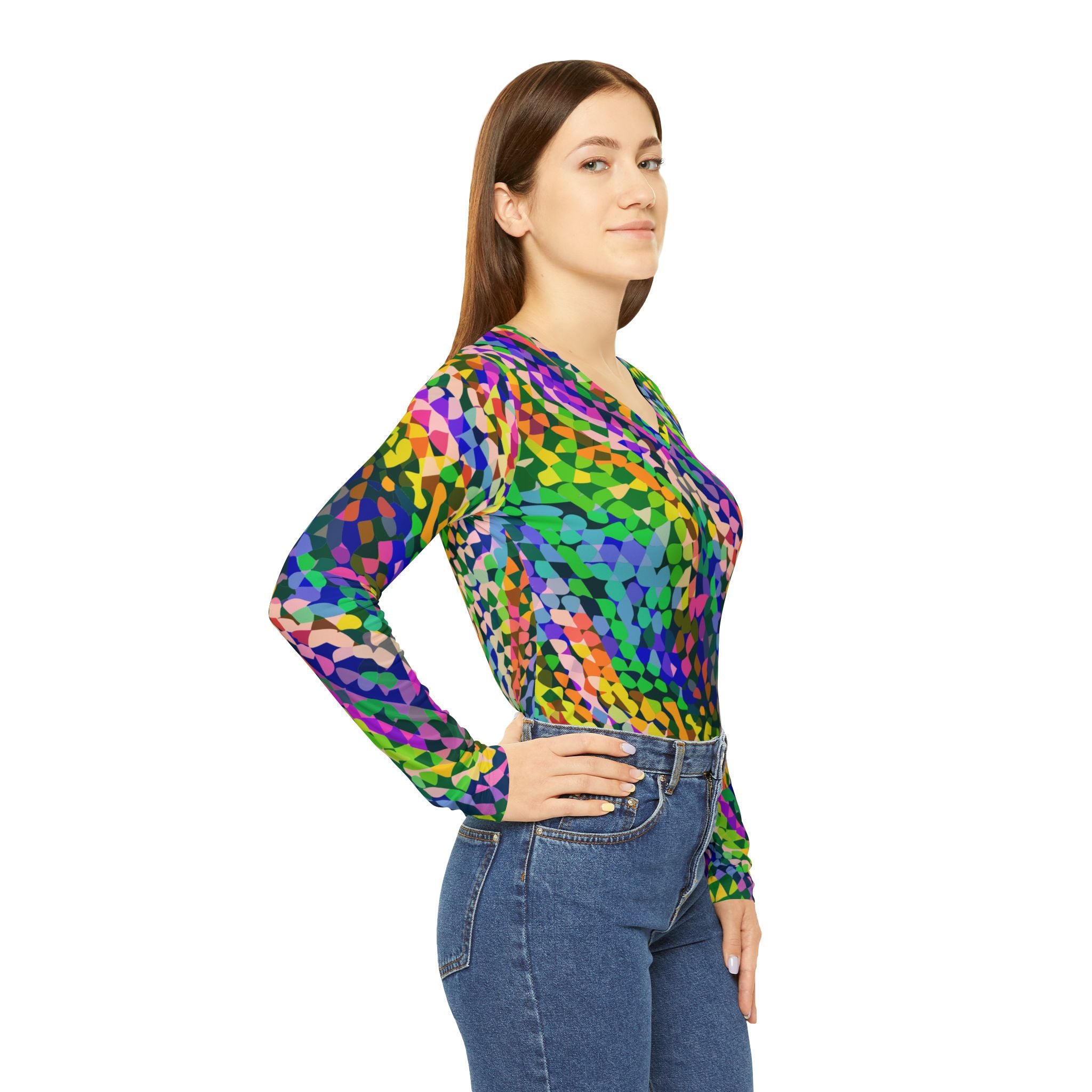 Vibrant AOP Long Sleeve V-Neck for Glow-Up Self-Expressers — Women's Bold Print Tee, Confidence-Led Statement Top, Everyday Maximalist Shirt, Assembled in USA, S–2XL