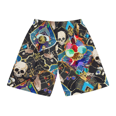 Neon Skeletal Mosaic AOP Shorts for Rave and Streetwear Collectors — Bold Retro Neon Athletic Basketball Shorts, Quick-Dry Festival Gym Activewear, Unisex Statement