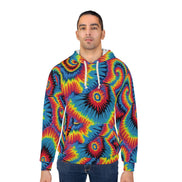 Inferno Vortex Tie-Dye AOP Hoodie for Psychedelic Streetwear Collectors — Spiral Rainbow All-Over Print, 95% Poly-Spandex, Festival Groovy Retro Statement Pullover