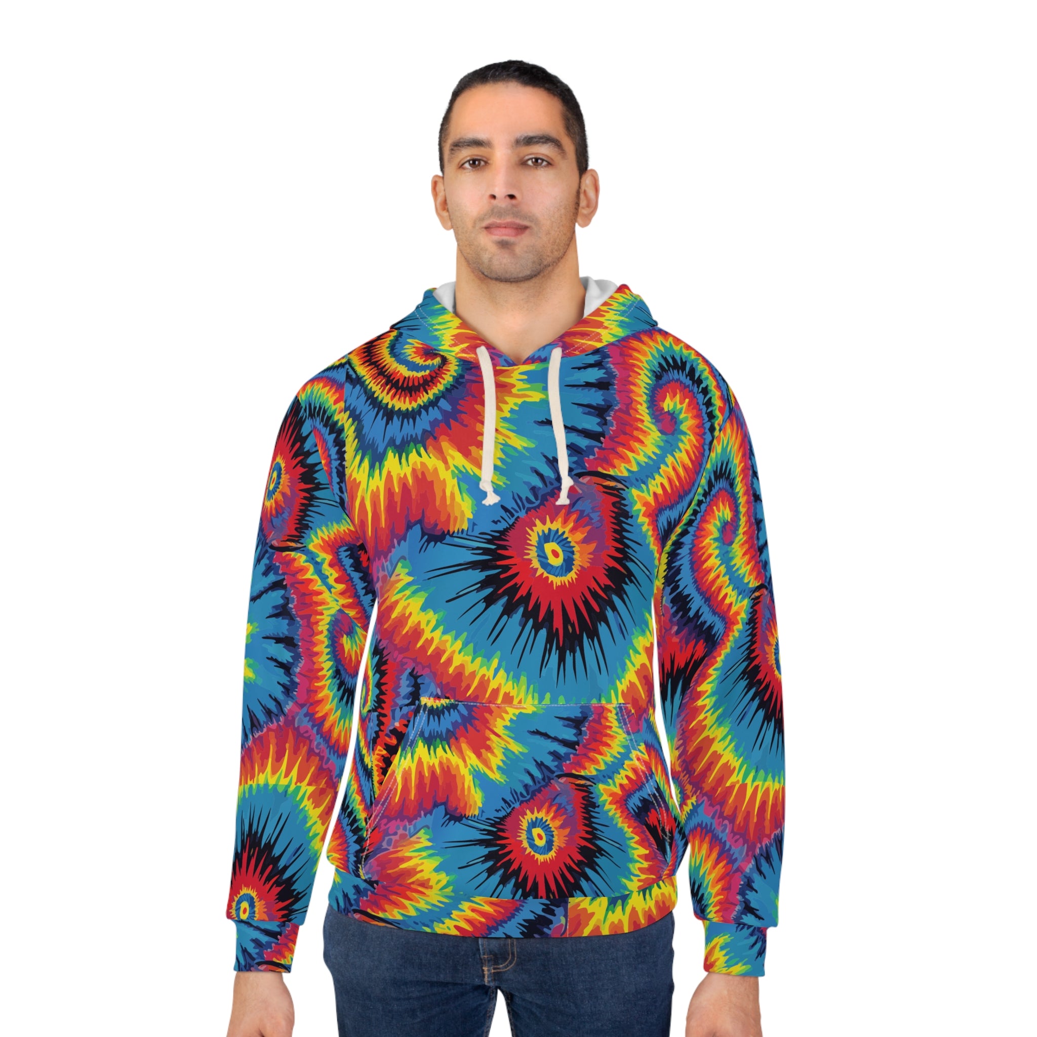 Inferno Vortex Tie-Dye AOP Hoodie for Psychedelic Streetwear Collectors — Spiral Rainbow All-Over Print, 95% Poly-Spandex, Festival Groovy Retro Statement Pullover